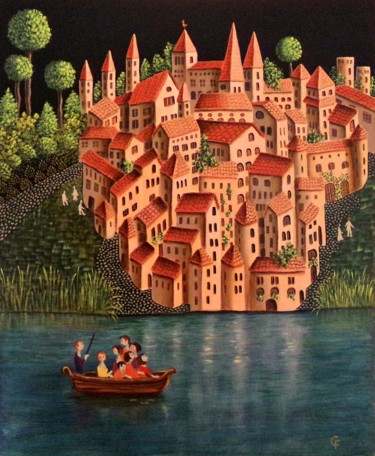 Painting titled "VILLAGE LA NUIT LA…" by Christine Fraga Frénot, Original Artwork, Oil Mounted on Wood Stretcher frame