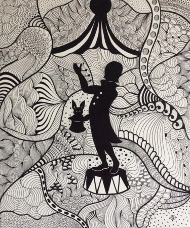 Σχέδιο με τίτλο "CIRQUE DESSIN TANGLE" από Christine Fraga Frénot, Αυθεντικά έργα τέχνης, Ακρυλικό Τοποθετήθηκε στο Ξύλινο φ…