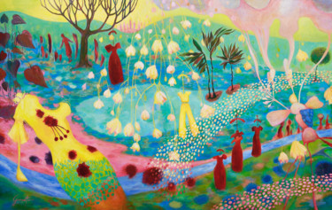 Malarstwo zatytułowany „Le jardin extraordi…” autorstwa Christine Garuet, Oryginalna praca, Akryl Zamontowany na Drewniana r…