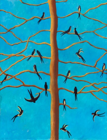 Pintura titulada "hirondelles" por Christine Jumaucourt, Obra de arte original, Oleo