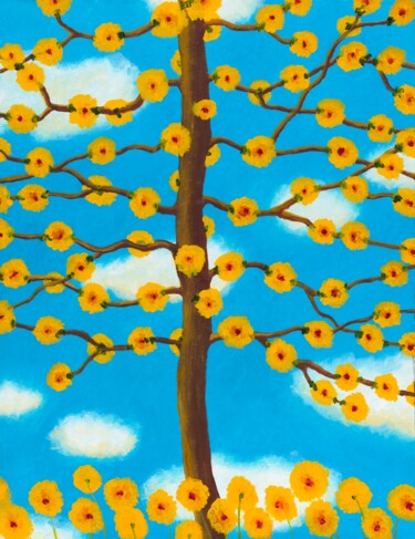 Painting titled "fleurs jaunes" by Christine Jumaucourt, Original Artwork, Oil