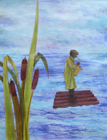 Pintura intitulada "saxophoniste sur ra…" por Christine Jumaucourt, Obras de arte originais, Aquarela Montado em Outro paine…