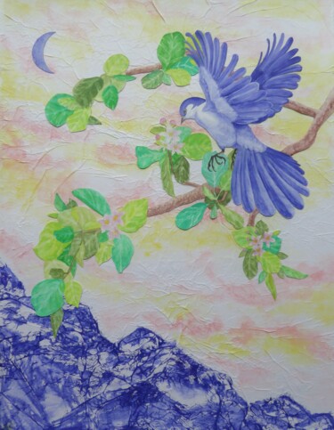 Painting titled "oiseau bleu" by Christine Jumaucourt, Original Artwork, Watercolor Mounted on Other rigid panel