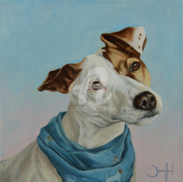 Painting titled "Le chien du voisin" by Christine Jumelle, Original Artwork, Oil