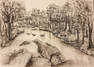 Drawing titled "Forêt et rochers" by Christine Lavialle, Original Artwork, Graphite