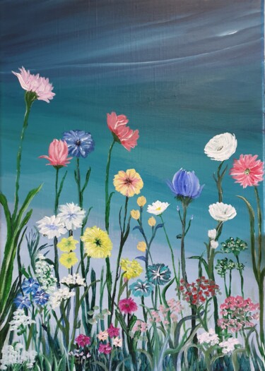 Painting titled "Champs de fleurs" by Christine Lavialle, Original Artwork, Acrylic