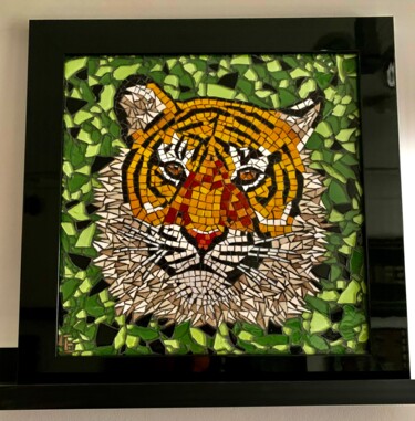 Escultura intitulada "Tigre en mosaïque.…" por Christine Louchet, Obras de arte originais, Mosaico Montado em Painel de made…