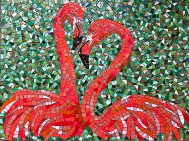 Sculpture titled "Flamants roses" by Christine Louchet, Original Artwork, Mosaic Mounted on Wood Panel