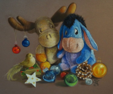 Drawing titled "Christma's friends" by Christine Mergnat, Original Artwork, Pastel