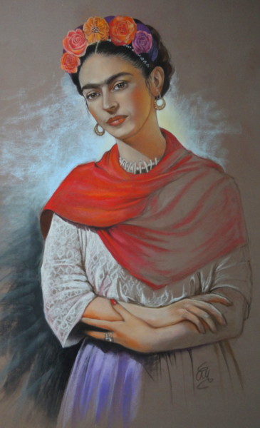 Drawing titled "Frida" by Christine Mergnat, Original Artwork, Pastel