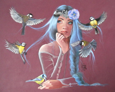 Malerei mit dem Titel "Blue angels" von Christine Mergnat, Original-Kunstwerk, Pastell