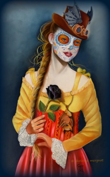 Disegno intitolato "la rose noire" da Christine Mergnat, Opera d'arte originale, Pastello