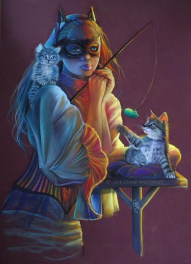 Pintura intitulada "une souris verte" por Christine Mergnat, Obras de arte originais, Pastel