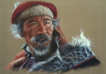 Peinture intitulée ""vieux tibétain"" par Christine Mergnat, Œuvre d'art originale, Pastel