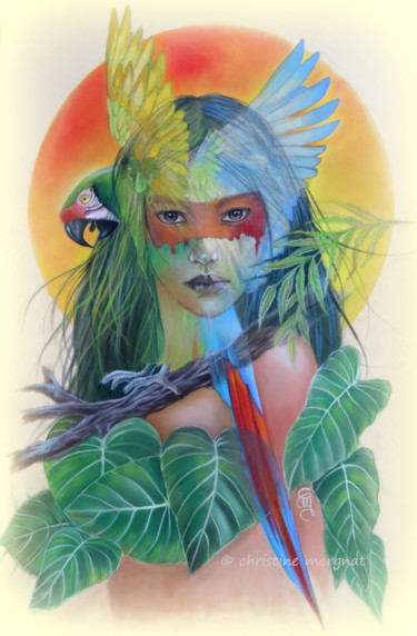 Ζωγραφική με τίτλο ""Amazonia"" από Christine Mergnat, Αυθεντικά έργα τέχνης, Παστέλ