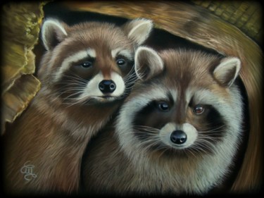 Painting titled "racoon's romance #A…" by Christine Mergnat, Original Artwork, Pastel