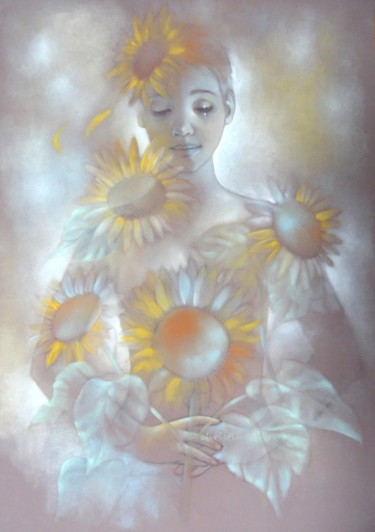 Peinture intitulée ""tournesols"" par Christine Mergnat, Œuvre d'art originale, Pastel