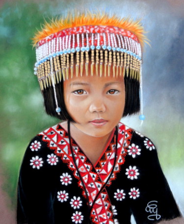 Peinture intitulée "petite fille Mhong…" par Christine Mergnat, Œuvre d'art originale, Pastel