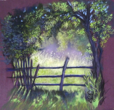 Painting titled "derrière la barrièr…" by Christine Mergnat, Original Artwork, Pastel