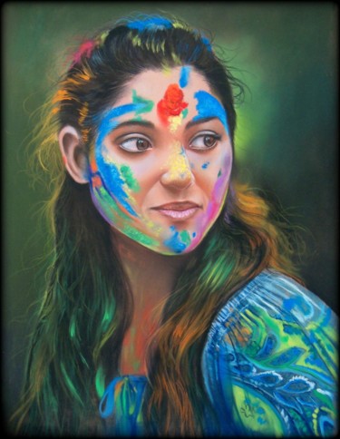 Schilderij getiteld ""Holi"" door Christine Mergnat, Origineel Kunstwerk, Pastel