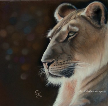 Schilderij getiteld "la lionne" door Christine Mergnat, Origineel Kunstwerk, Pastel