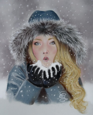 Painting titled "portrait hiver (ver…" by Christine Mergnat, Original Artwork, Charcoal