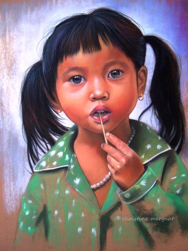 Картина под названием "Linh" - Christine Mergnat, Подлинное произведение искусства, Пастель