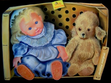 Painting titled "l'ours et la poupée" by Christine Mergnat, Original Artwork, Pastel