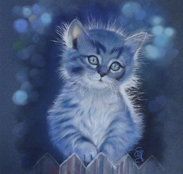 Pintura titulada "blue kitten" por Christine Mergnat, Obra de arte original, Pastel