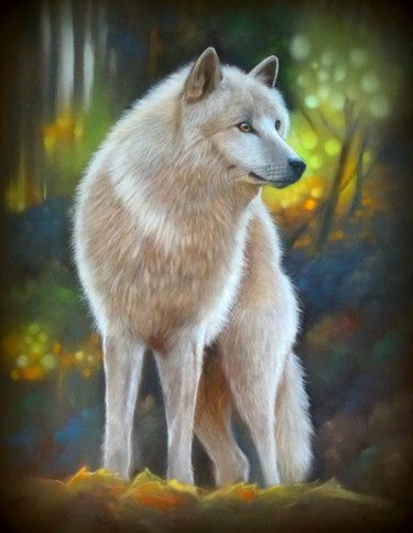 Pintura intitulada ""loup blanc"" por Christine Mergnat, Obras de arte originais, Pastel