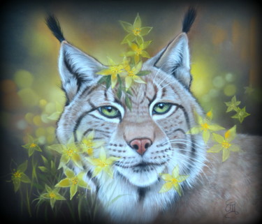 Peinture intitulée ""lynx"" par Christine Mergnat, Œuvre d'art originale, Pastel