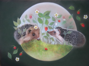 Painting titled ""love in strawberry…" by Christine Mergnat, Original Artwork, Pastel