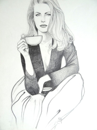 Peinture intitulée ""pause café"" par Christine Mergnat, Œuvre d'art originale, Crayon