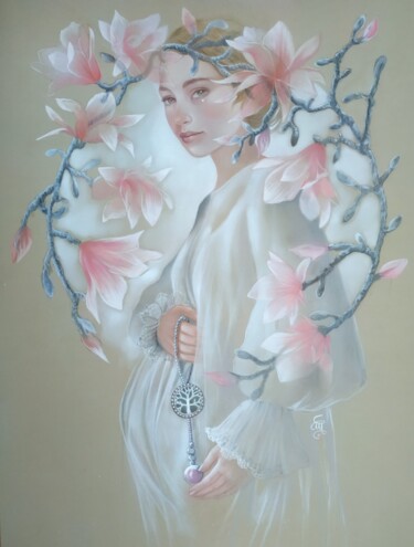 Pittura intitolato "Magnolia's dreams" da Christine Mergnat, Opera d'arte originale, Pastello
