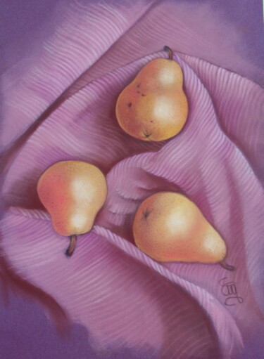 Malerei mit dem Titel "trio de fruits sur…" von Christine Mergnat, Original-Kunstwerk, Pastell