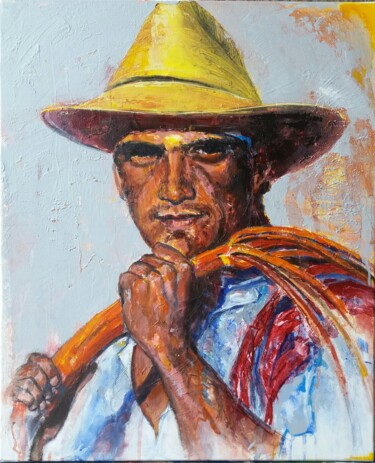Painting titled "Bajo su sombrero" by Christine Morineau, Original Artwork, Oil