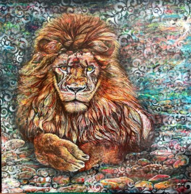 Painting titled "LION" by Christine Navarro, Original Artwork, Acrylic Mounted on Wood Stretcher frame