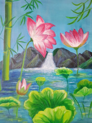 Painting titled "Lotus et bambous" by Christine Nemoz, Original Artwork, Oil