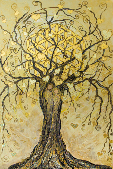 Malerei mit dem Titel "Lebensbaum-das gold…" von Energiebilder Christine Schölzhorn, Original-Kunstwerk, Acryl