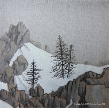 Malerei mit dem Titel "Paysage n°5" von Christine Serain (Suting Su Ting), Original-Kunstwerk, Aquarell Auf Keilrahmen aus H…