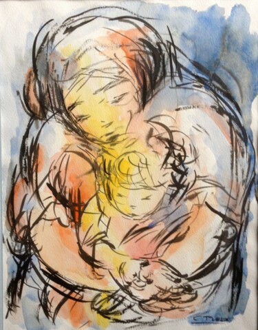 Painting titled "mère et enfant" by Christine Trova, Original Artwork, Ink