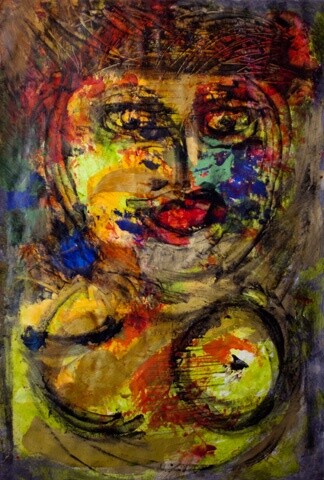 Peinture intitulée "deux seins une tete" par Christine Vannier, Œuvre d'art originale, Huile