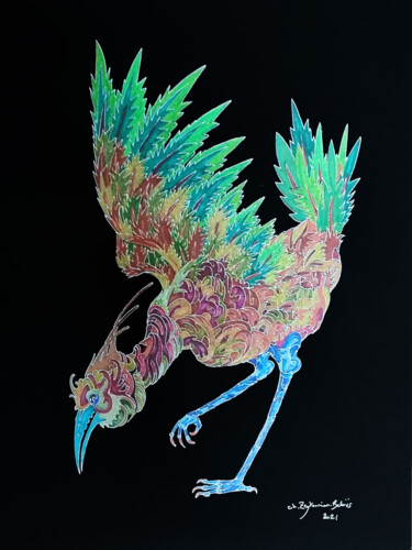 Drawing titled "Oiseau arlequin" by Christine Zeytounian-Belous, Original Artwork, Pencil
