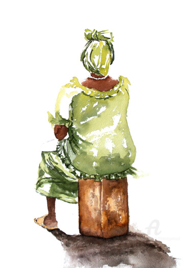 Painting titled "En attendant" by Christine Guenand, Original Artwork, Watercolor