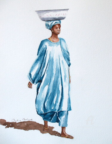 Schilderij getiteld "Le boubou bleu" door Christine Guenand, Origineel Kunstwerk, Aquarel