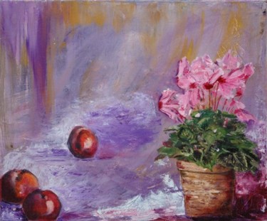 Painting titled "POMMES ET CYCLAMEN" by Christine Lorenzo, Original Artwork, Oil