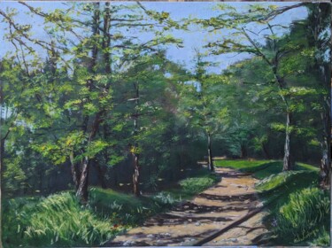 Painting titled "CHEMIN DANS LES BOIS" by Christine Lorenzo, Original Artwork, Oil Mounted on Wood Stretcher frame