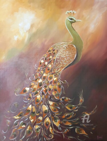 Painting titled "Paon 2" by Chrystine Mounié, Original Artwork, Oil