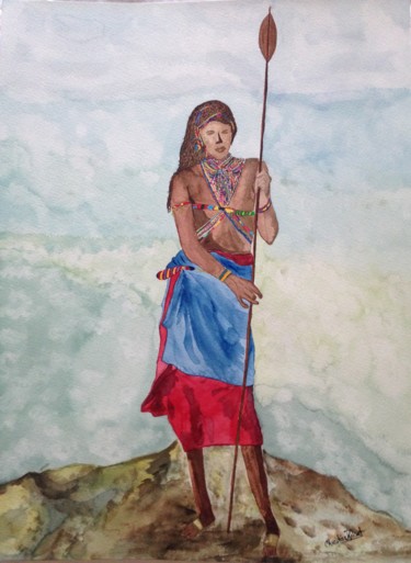 Painting titled "massaï" by Christine Bourg, Original Artwork, Watercolor