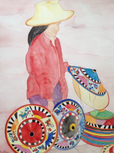 Painting titled "Chapeaux chinois" by Christine Bourg, Original Artwork, Watercolor